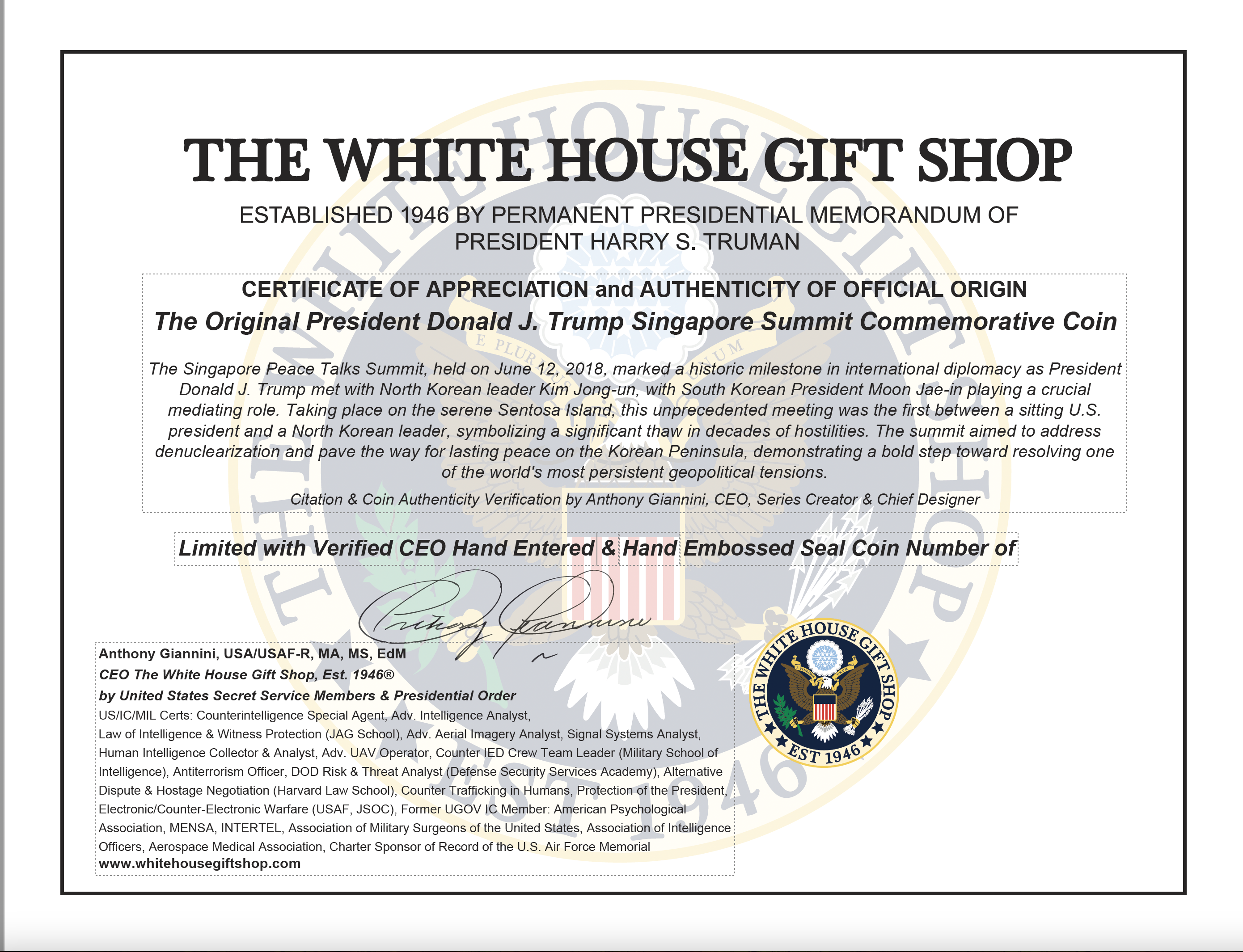 Anthony Giannini, CEO, Signed Certificate of White House Gift Shop Authenticity